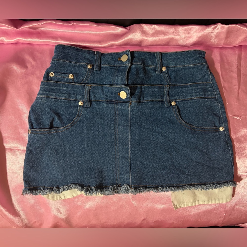 Denim Mini Skirt with Frayed Hem - Blue